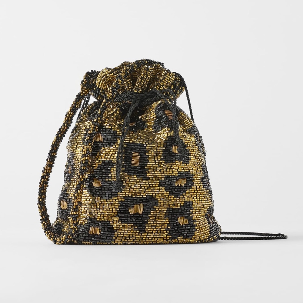 EUC Zara beaded leopard print bucket bag